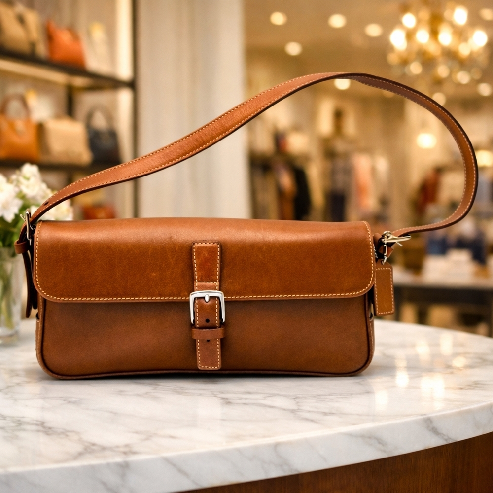 COACH Y2K Demi Flap‎ Buckle VINTAGE HAMPTONS TAN BROWN LEATHER HAND SHOULDER BAG